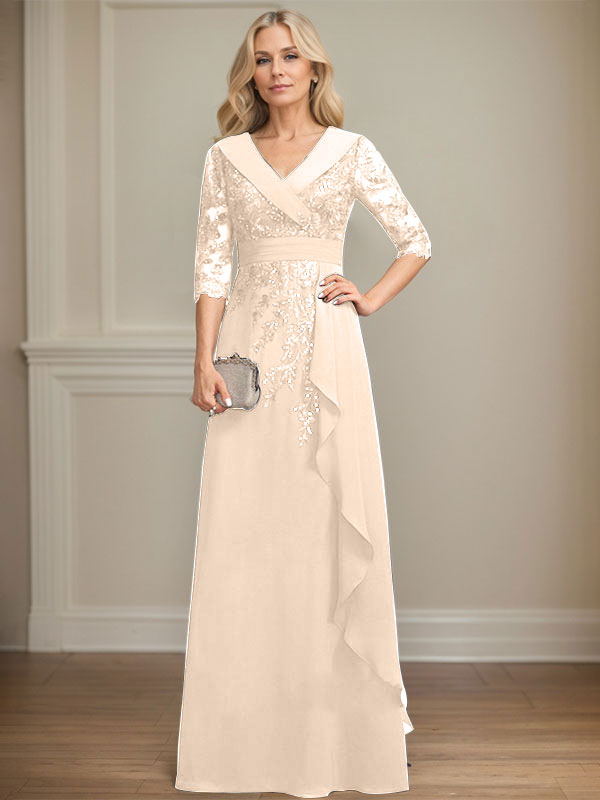 Robe de mère de la mariée en mousseline de soie à col en V, longueur au sol, ligne A, avec dentelle, paillettes et volants en cascade
