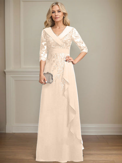 Vestido de madre de la novia de gasa con encaje, escote en V, corte A y largo hasta el suelo, con lentejuelas y volantes en cascada 