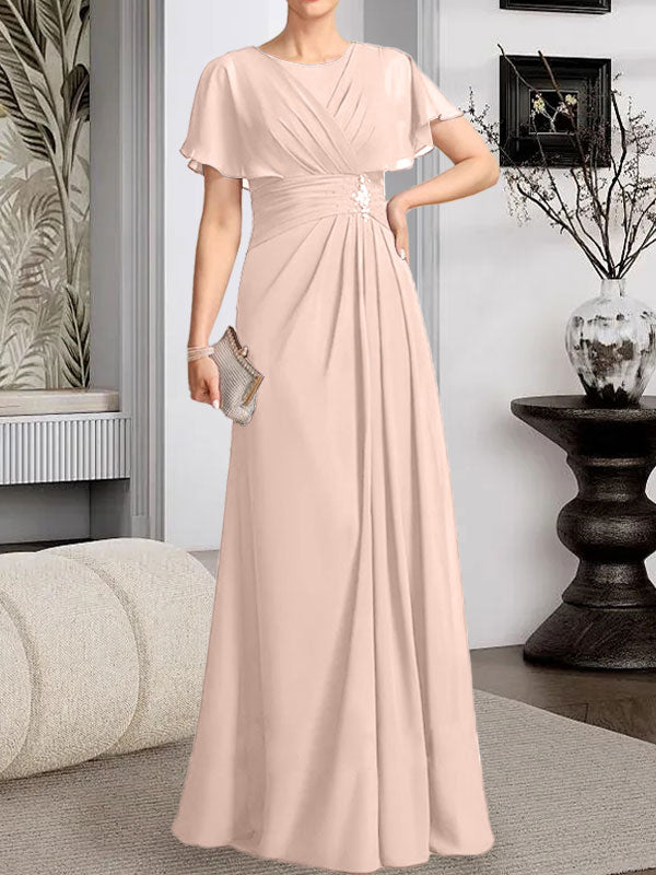 Robe de mère de la mariée en mousseline, longueur au sol, en ligne A, décolleté arrondi, ornée de perles plissées