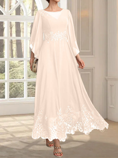 A-Linie, U-Ausschnitt, Illusion, knöchellang, Spitzen-Chiffon, Kleid für die Brautmutter mit Pailletten 