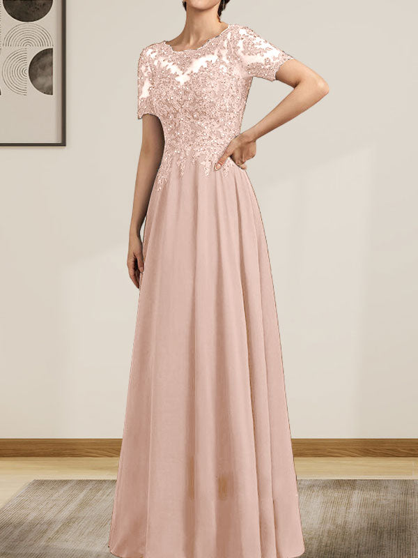 A-Linie U-Ausschnitt Illusion Bodenlang Chiffon Spitze Mutter der Braut Kleid mit Pailletten Perlen