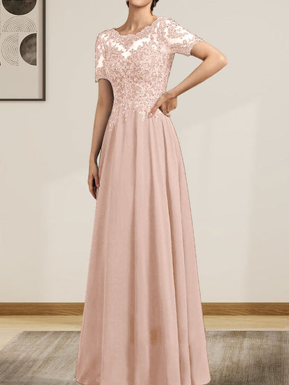 A-Linie U-Ausschnitt Illusion Bodenlang Chiffon Spitze Mutter der Braut Kleid mit Pailletten Perlen