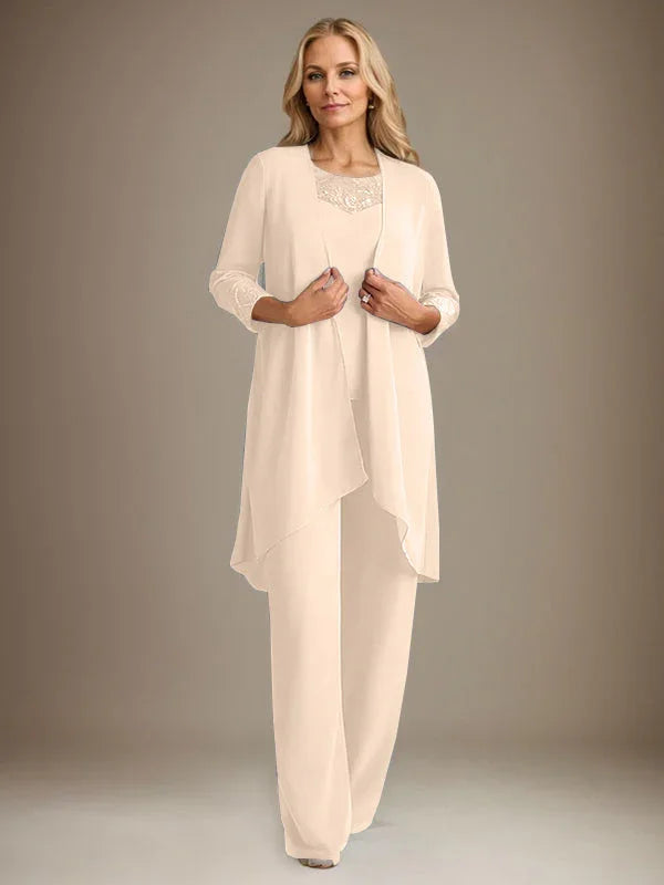 بدلة بنطلون الأم العروس بأكمام طويلة من الشيفون وياقة دائرية مع سترة
