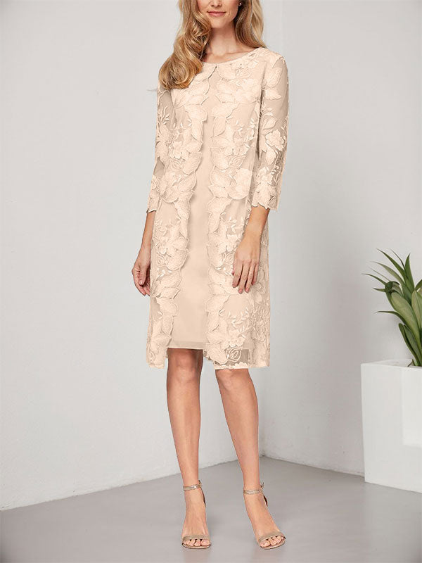A-Linie U-Ausschnitt Knielang Chiffon Spitze Kleid für die Brautmutter mit Jacke 