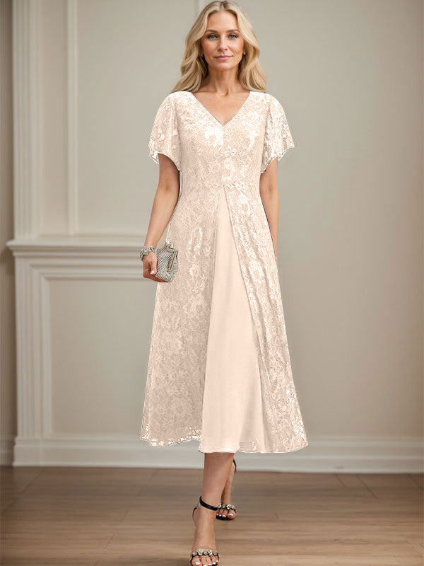 A-Linie V-Ausschnitt Wadenlanges Chiffon-Kleid für die Brautmutter 