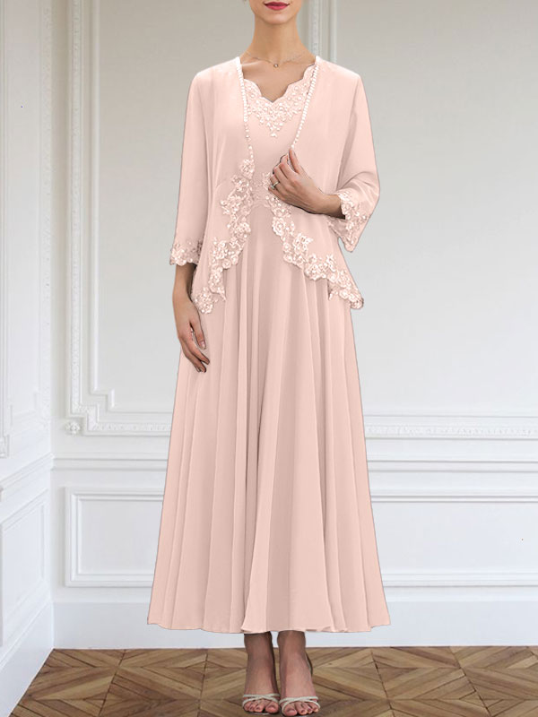 Robe de mère de la mariée en mousseline, ligne A, col en V, longueur cheville, ornée de paillettes, appliques en dentelle et perles