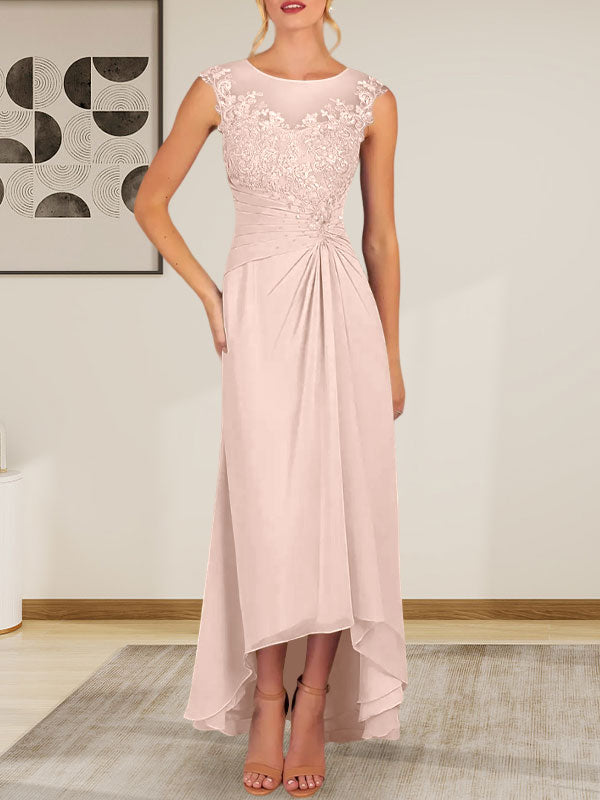 Champagne A-Line Scoop Lace Chiffon Dress