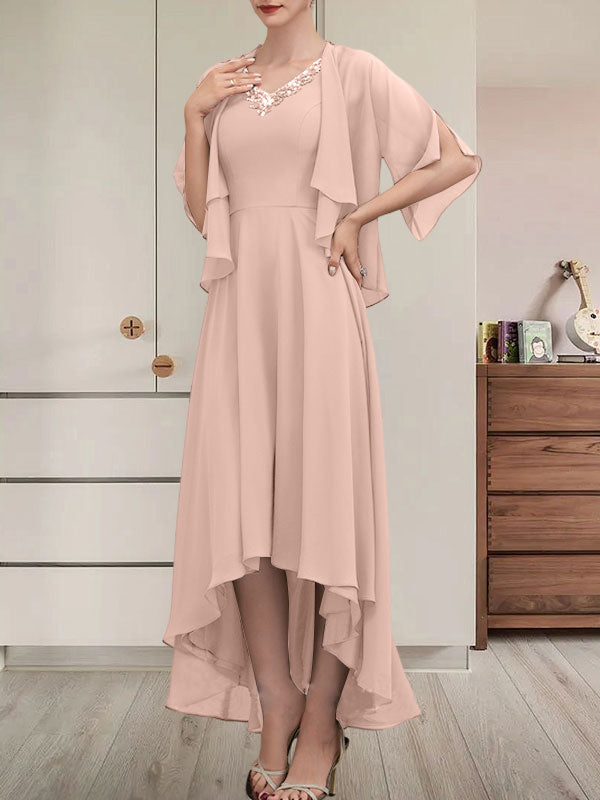 Vestido de gasa asimétrico para madre de la novia con escote en V, corte A y lentejuelas con abalorios