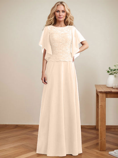 A-Linie, U-Ausschnitt, Illusion, bodenlanges Spitzen-Chiffon-Kleid für die Brautmutter mit Pailletten 
