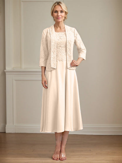 A-Linie U-Ausschnitt Wadenlang Chiffon-Kleid für die Brautmutter 