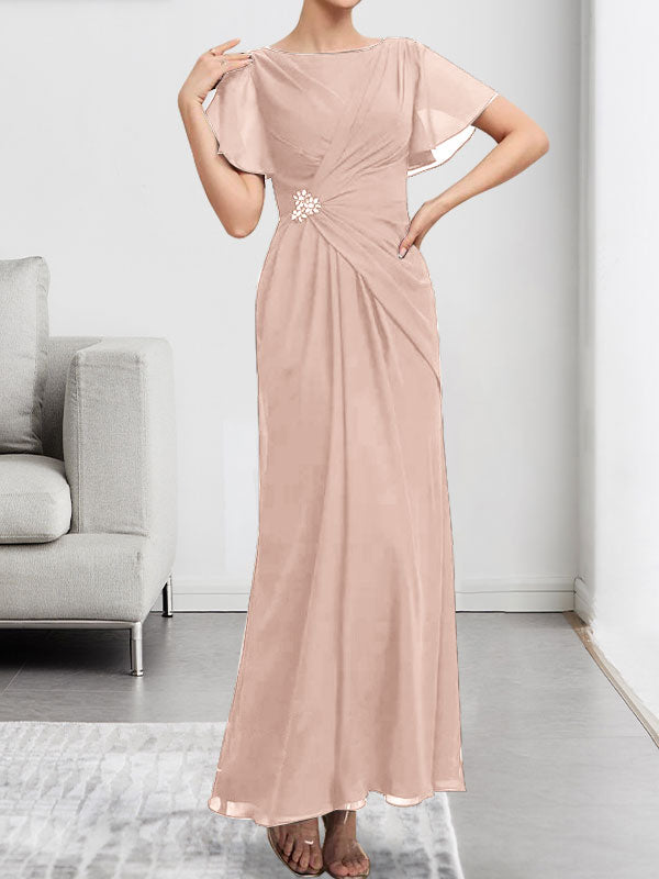 Robe de mère de la mariée en mousseline, longueur cheville, en ligne A, encolure dégagée, ornée de perles et plissée