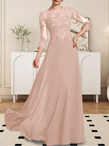 A-Linie U-Ausschnitt Bodenlang Spitzen-Chiffon-Kleid für die Brautmutter mit Pailletten