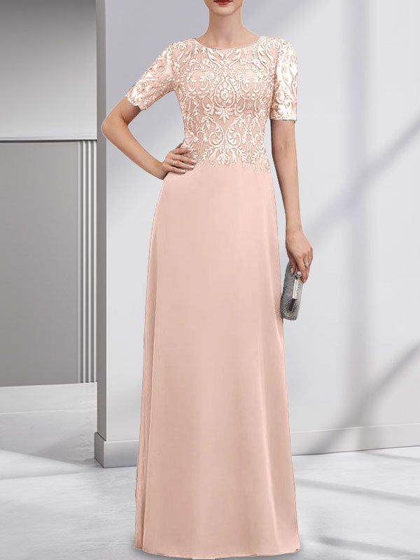 Robe de mère de la mariée en dentelle et mousseline, longueur au sol, en ligne A, décolleté en U, ornée de paillettes