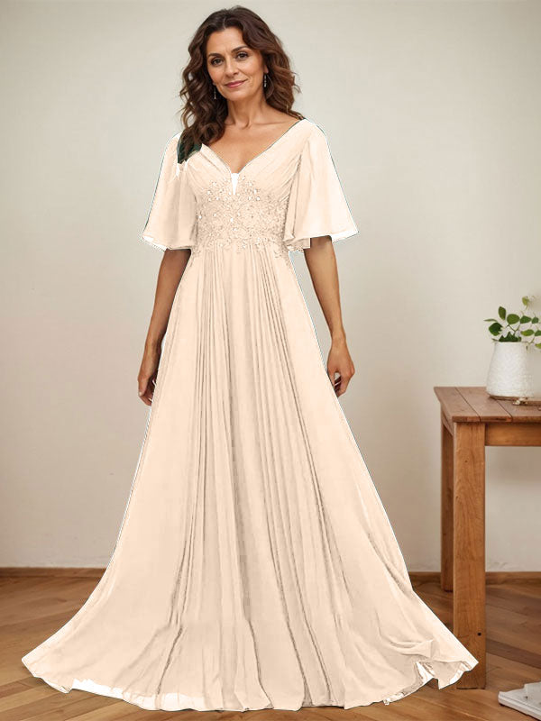 A-Linie V-Ausschnitt Bodenlang Chiffon Mutter der Braut Kleid Mit Pailletten Applikationen Spitze Plissee 