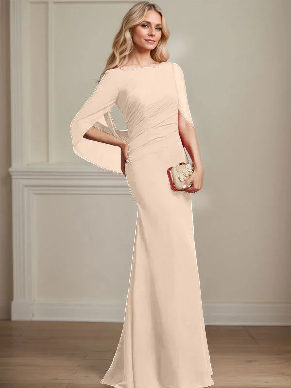 Vestido de madrina de novia de gasa con cuello barco estilo trompeta/cola de sirena y largo hasta el suelo con pliegues