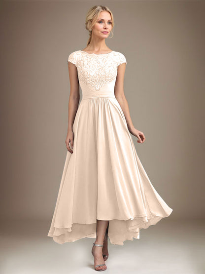 A-Linie U-Ausschnitt Illusion Asymmetrische Spitze Chiffon Mutter der Braut Kleid Mit Plissee 