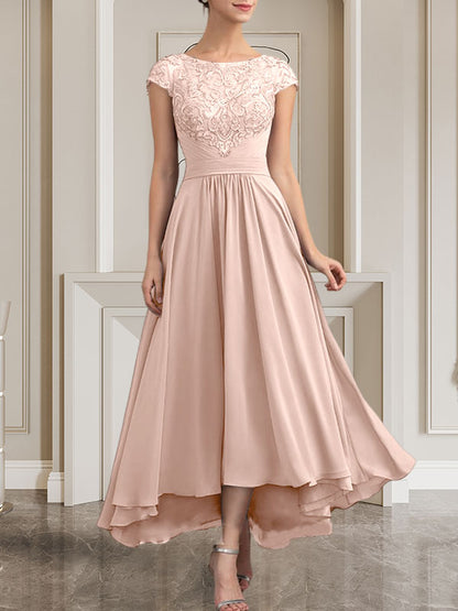 A-Linie U-Ausschnitt Bodenlang Spitzen-Chiffon-Kleid für die Brautmutter mit Pailletten