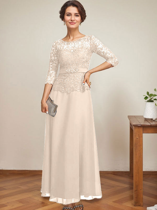 Robe de mère de la mariée en dentelle en mousseline, longueur cheville, coupe trapèze, décolleté illusion en forme de goutte, ornée de perles en strass