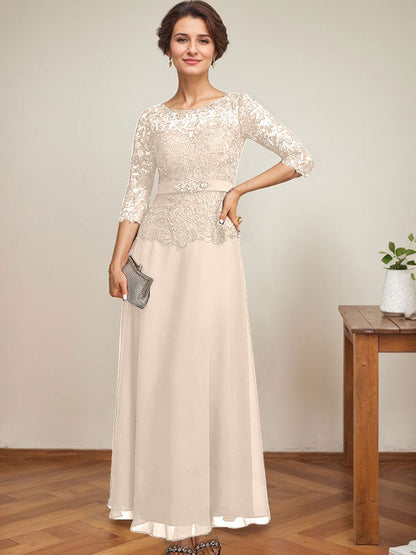 A-Linie, U-Ausschnitt, Illusion, knöchellang, Chiffon, Spitze, Kleid für die Brautmutter mit Strass-Perlen 