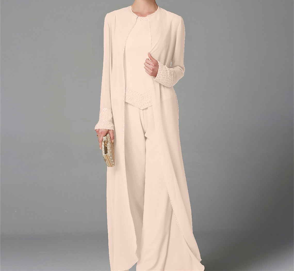 Mother Of The Bride Pantsuit With Jacket And Sequins Long Sleeve Chiffon