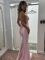 Pink Mermaid Satin Prom Dress With Spaghetti Straps And Lace Up Back