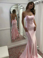 Pink Mermaid Satin Prom Dress With Spaghetti Straps And Lace Up Back