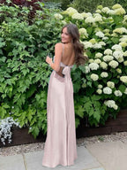 Blue A Line V Neck Beaded Back Tie Long Prom Dress
