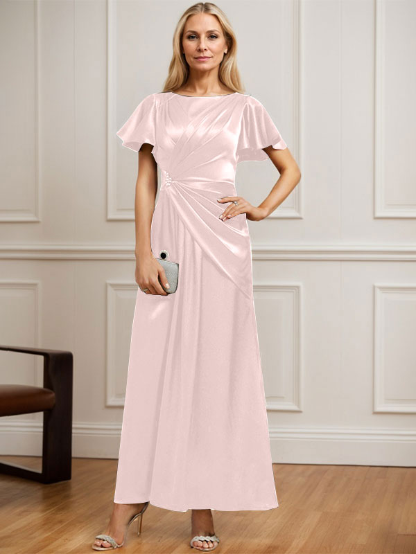 Robe de mère de la mariée en satin extensible, longueur cheville, en ligne A, décolleté arrondi, ornée de perles plissées