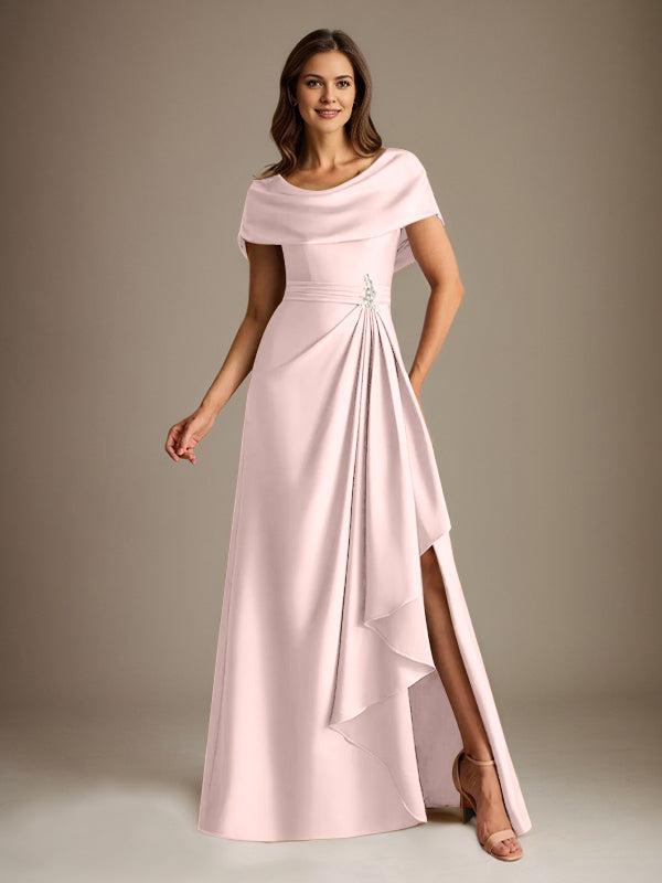 Robe de mère de la mariée en satin extensible, longueur au sol, coupe en A avec encolure dégagée et volants en cascade