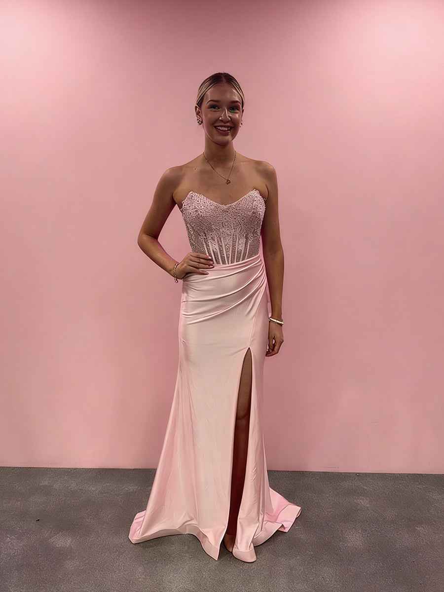 Blush Pink Strapless Corset Prom Dress With Thigh High Slit Beadwork
