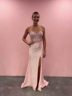 Blush Pink Strapless Corset Prom Dress With Thigh High Slit Beadwork
