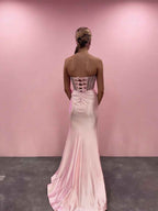 Blush Pink Strapless Corset Prom Dress With Thigh High Slit Beadwork