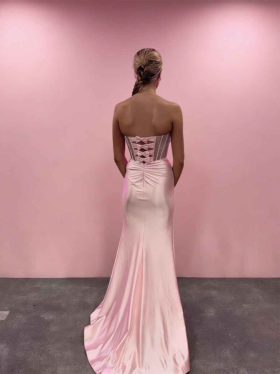Blush Pink Strapless Corset Prom Dress With Thigh High Slit Beadwork