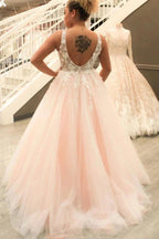 Blush Pink Tulle Ball Gown Wedding Dress Deep V Neck Open Back And Sweep Train