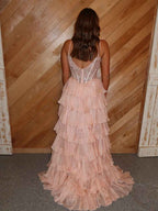 Blush Pink A Line Beaded Corset Prom Dress With Tiered Ruffles