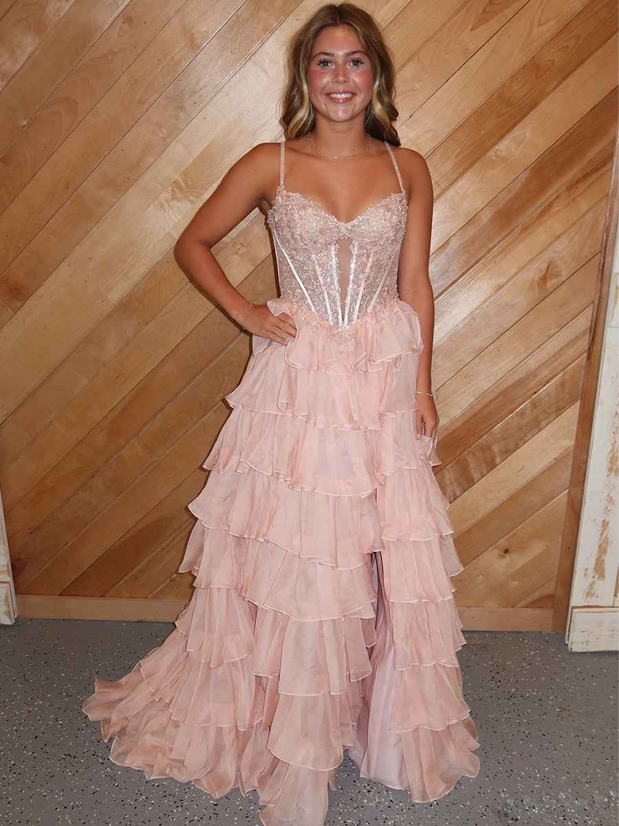Blush Pink A Line Beaded Corset Prom Dress With Tiered Ruffles