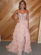 Blush Pink A Line Beaded Corset Prom Dress With Tiered Ruffles
