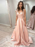 Blush Pink Satin A Line Corset Prom Dress With Bow Straps