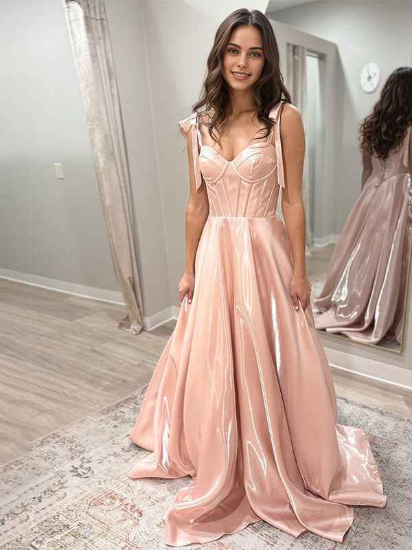 Blush Pink Satin A Line Corset Prom Dress With Bow Straps