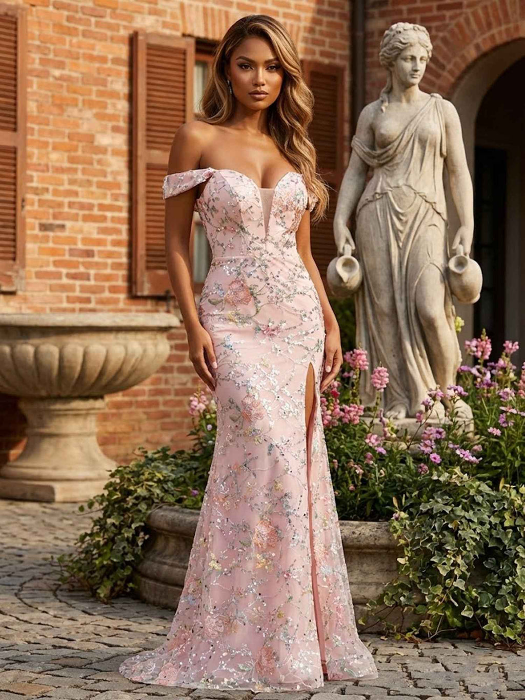 Blush Pink Floral Embroidered Off Shoulder Long Prom Dress