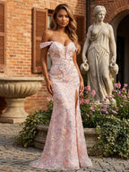 Blush Pink Floral Embroidered Off Shoulder Long Prom Dress