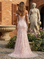 Blush Pink Floral Embroidered Off Shoulder Long Prom Dress