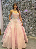 Blush Pink Floral Strapless Embroidered Satin Prom Dress With Pockets