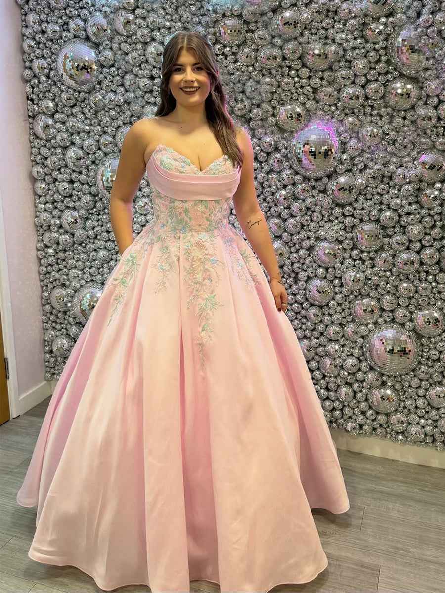 Blush Pink Floral Strapless Embroidered Satin Prom Dress With Pockets