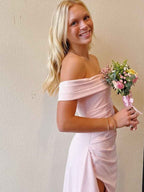 Blush Pink Off The Shoulder Crepe Prom Dress With Ruffled High Slit