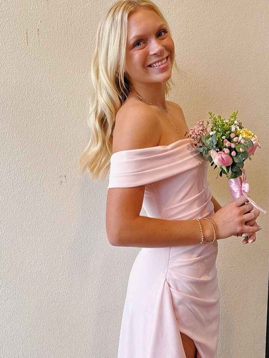 Blush Pink Off The Shoulder Crepe Prom Dress With Ruffled High Slit