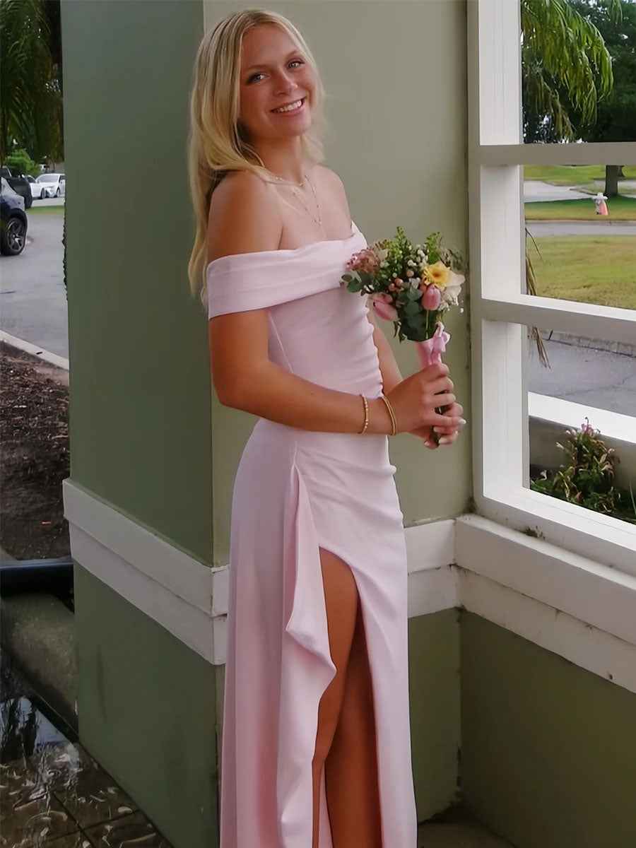 Blush Pink Off The Shoulder Crepe Prom Dress With Ruffled High Slit