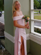 Blush Pink Off The Shoulder Crepe Prom Dress With Ruffled High Slit