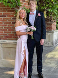 Blush Pink Off The Shoulder Crepe Prom Dress With Ruffled High Slit