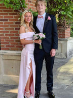 Blush Pink Off The Shoulder Crepe Prom Dress With Ruffled High Slit